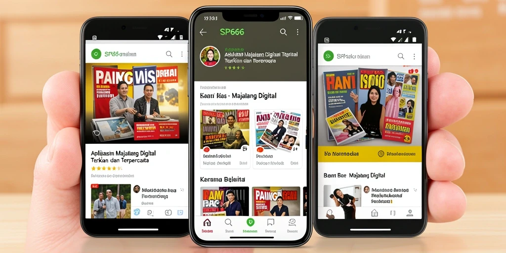 Antarmuka SP666 menampilkan berbagai majalah digital yang informatif dan menarik.