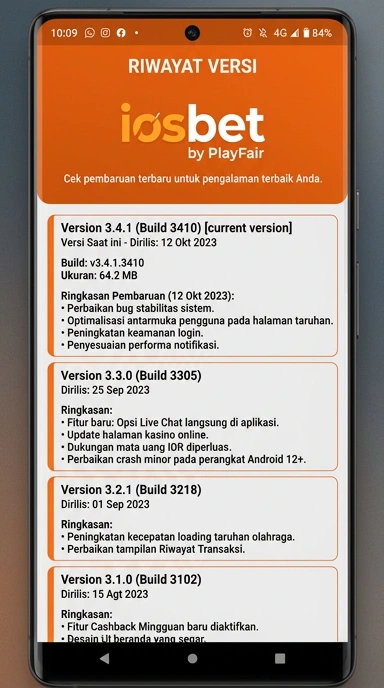 Tampilan riwayat versi iosbet